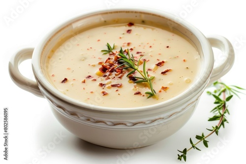 vegetable cream soup decorated with chili flakes and thyme isolated on white background - generative ai