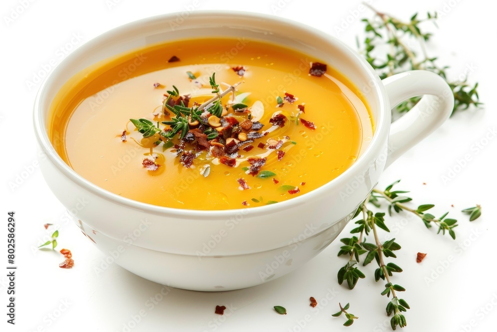 vegetable cream soup decorated with chili flakes and thyme isolated on white background - generative ai vegetable cream soup decorated with chili flakes and thyme isolated on white background - generative ai