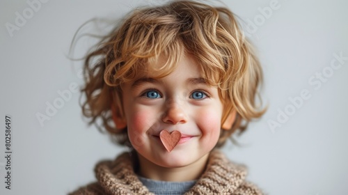 Adorable Young Boy Smiling with Blue Eyes and Heart Sticker on Tongue in Portrait