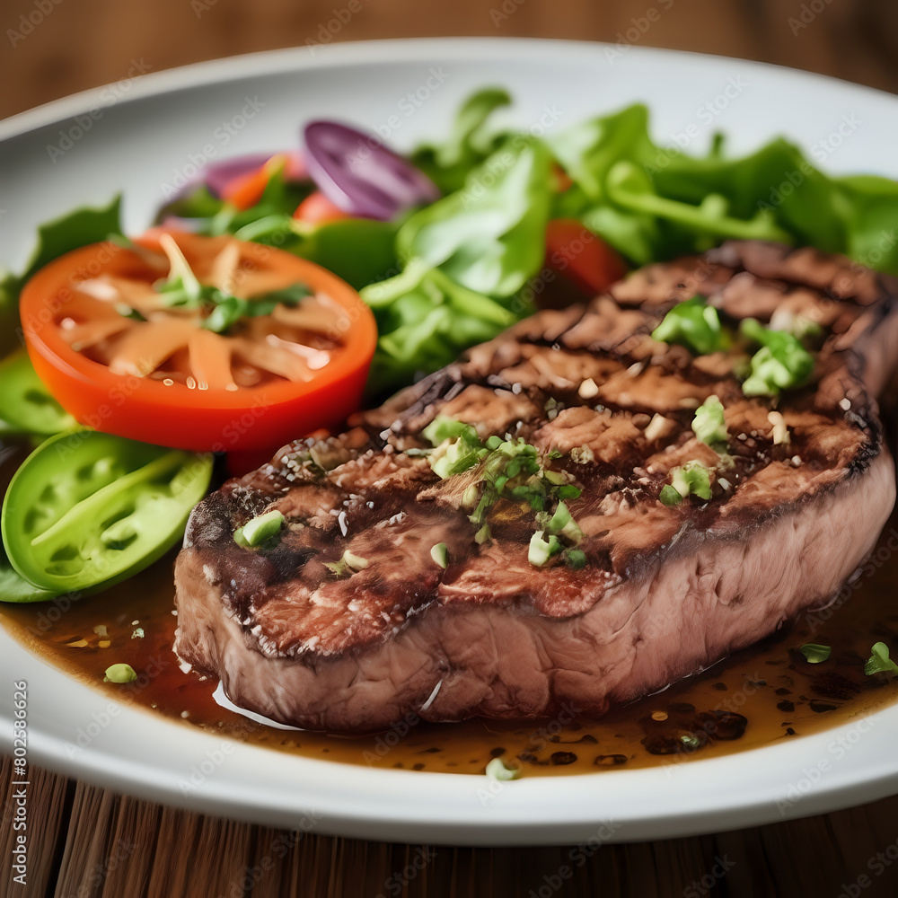Grilled sirloin steak with fresh vegetable salad - generated by ai