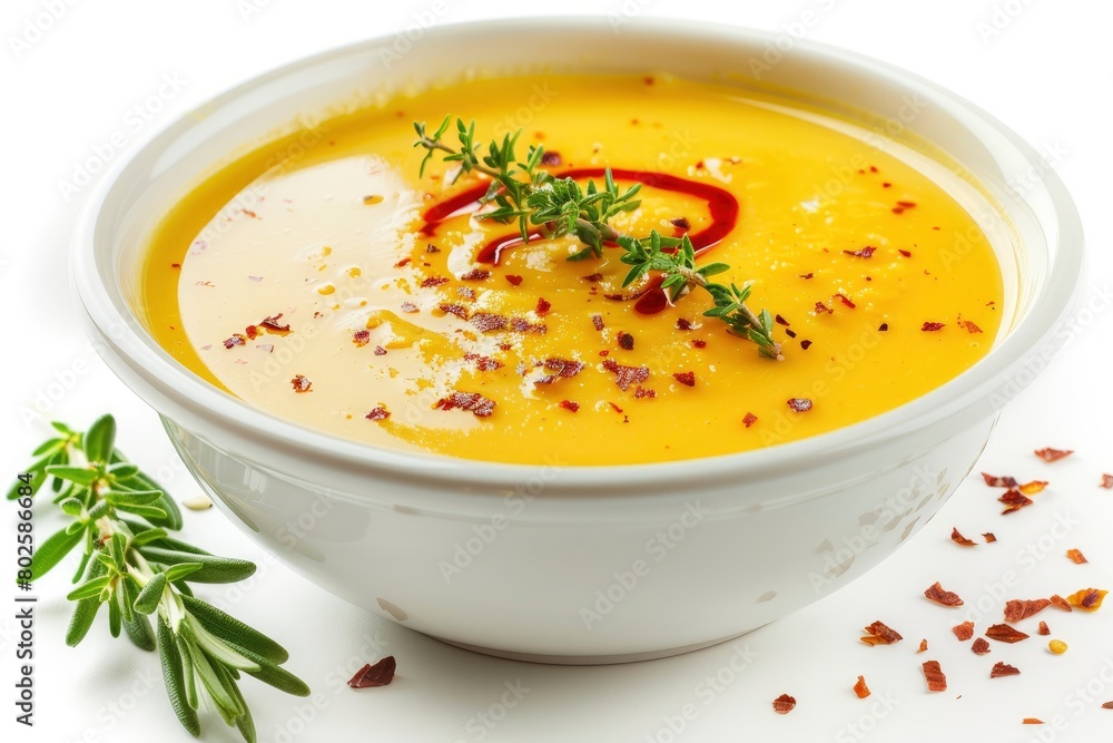 vegetable cream soup decorated with chili flakes and thyme isolated on white background - generative ai vegetable cream soup decorated with chili flakes and thyme isolated on white background - generative ai