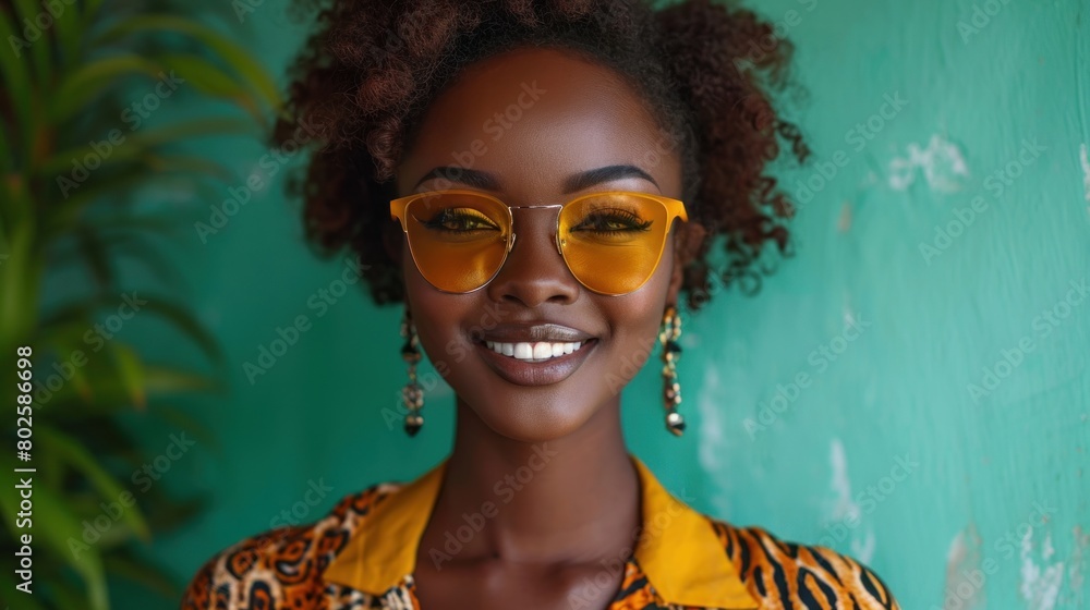 Fashionable Young Black Woman Smiling in Yellow Sunglasses Against a Green Background