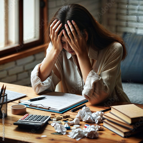 A woman sitting at a table with her head in her hands, anxiety environment illustration created with generative ai. photo