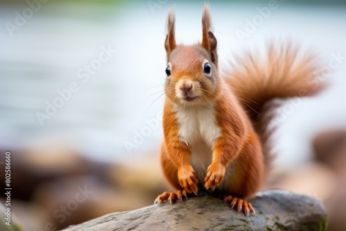 Curious red squirrel on a rock