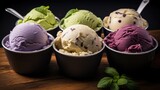 Assortment of colorful ice cream scoops in cups