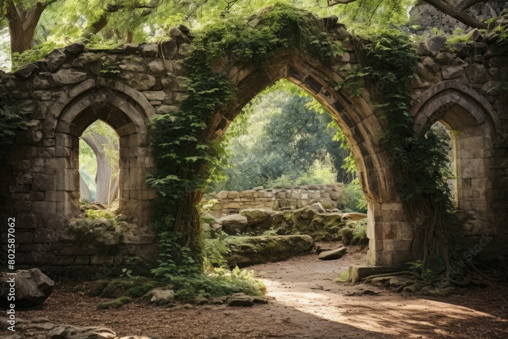 Enchanting stone archway in lush forest