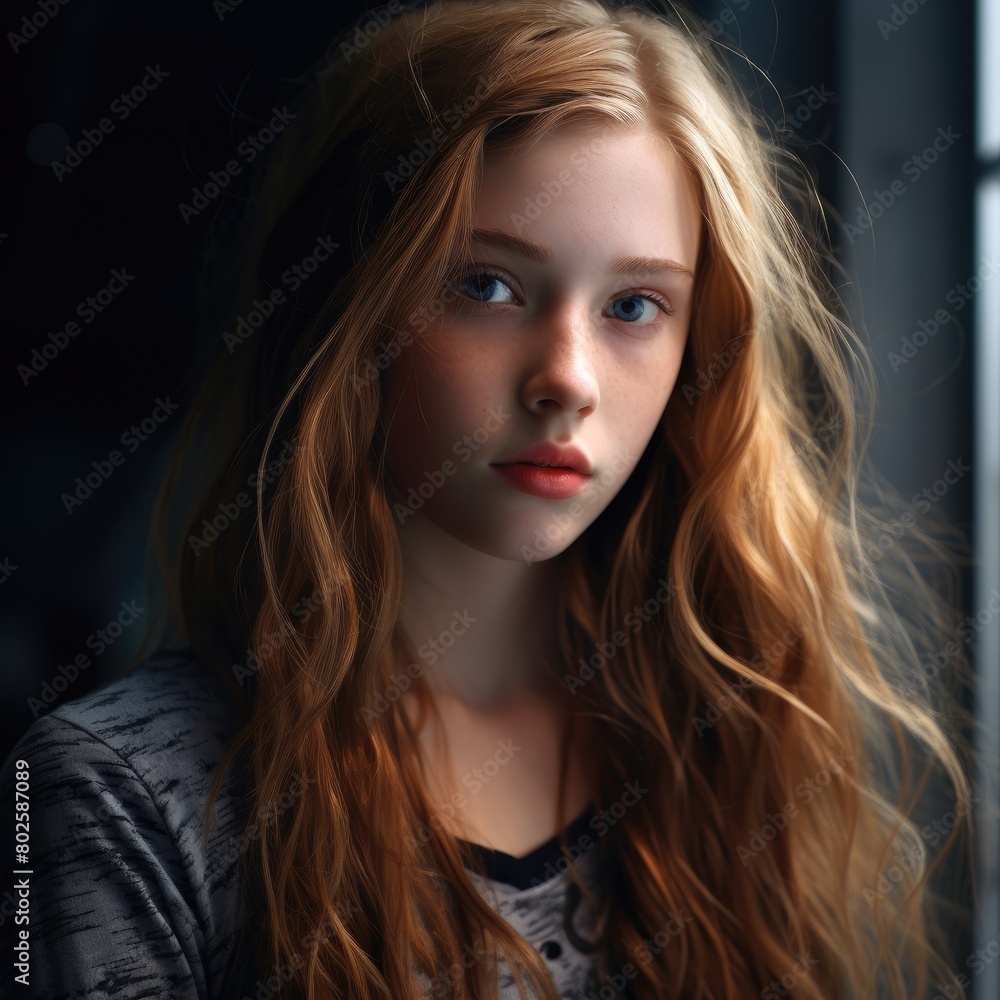 Pensive young woman with long wavy hair Pensive young woman with long wavy hair