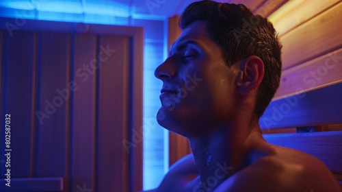 A man adjusts the intensity of the heat in his sauna to match his desired level of sweat while also choosing soothing blue light therapy for relaxation..