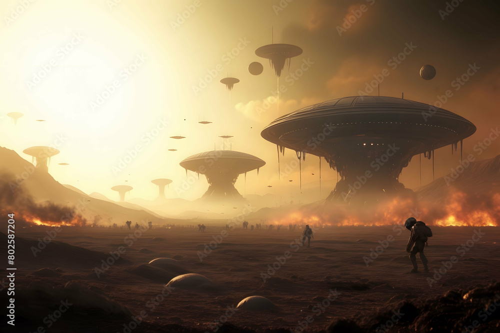 UFO flying over the desert, Aliens on earth with their ships UFO flying over the desert, Aliens on earth with their ships