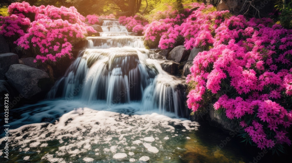 Serene waterfall surrounded by vibrant pink flowers Serene waterfall surrounded by vibrant pink flowers