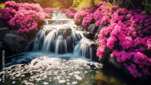 Serene waterfall surrounded by vibrant pink flowers