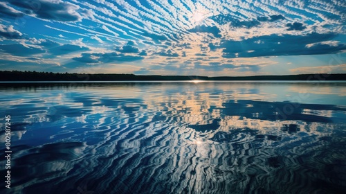Serene lake landscape with dramatic sky reflection
