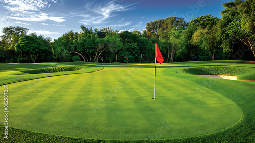 Lush Green Terrain: The foreground showcases an immaculate green putting surface. The grass appears vibrant and well-maintained