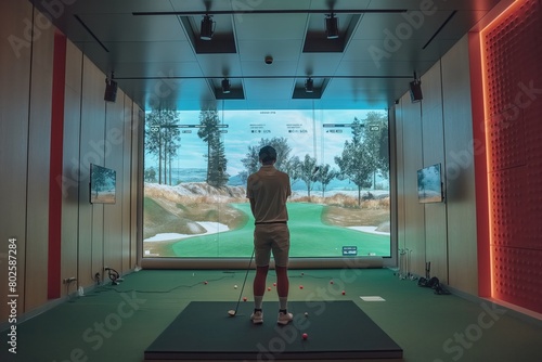 Golfer playing golf in indoor simulator Mixed media. golf simulator photo