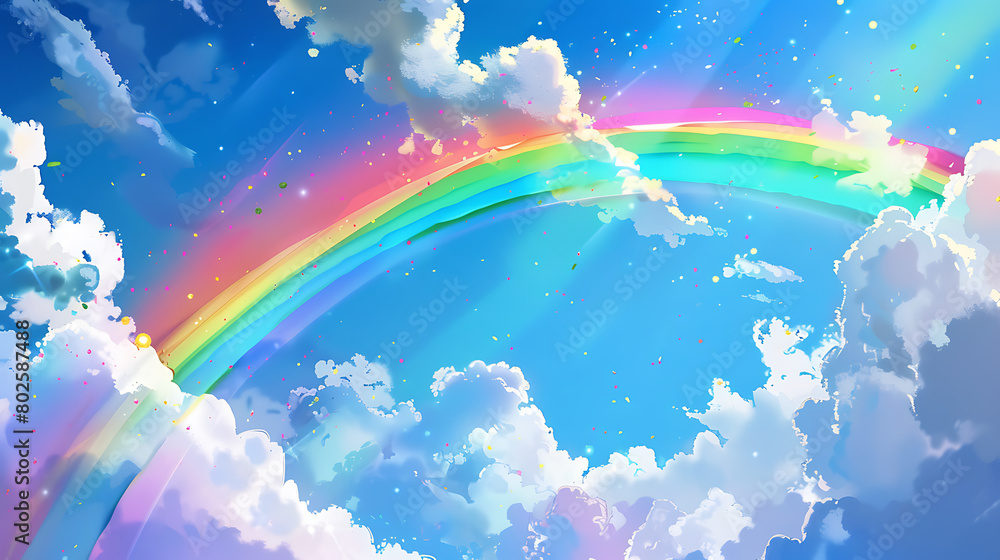 In this whimsical artwork: A vibrant rainbow stretches across the sky, its colors arching gracefully