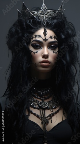 Dark gothic queen with dramatic makeup and crown