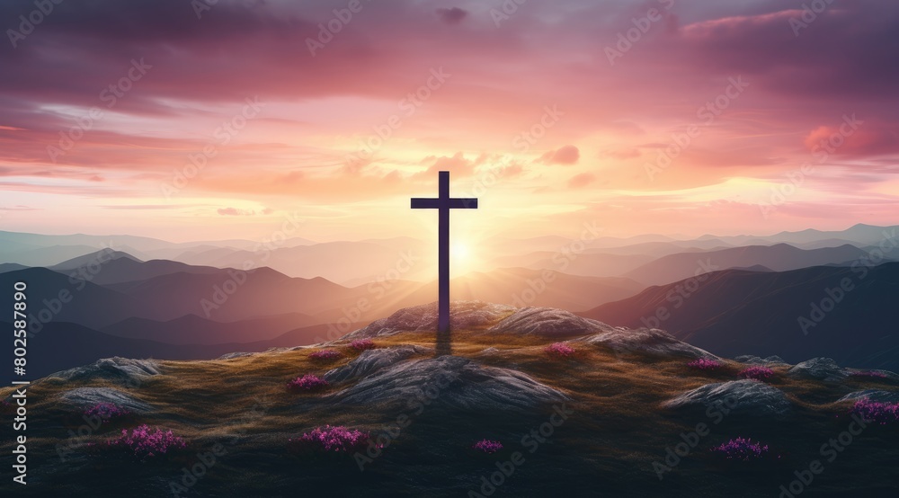 Dramatic sunset over a cross on a mountain landscape Dramatic sunset over a cross on a mountain landscape