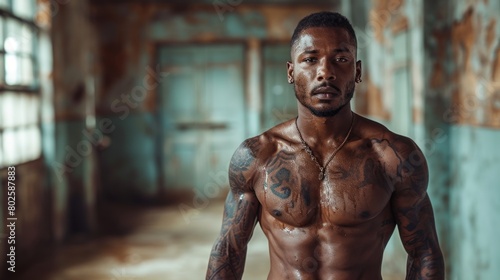 Muscular African Man with Tattoos Standing in an Old Factory