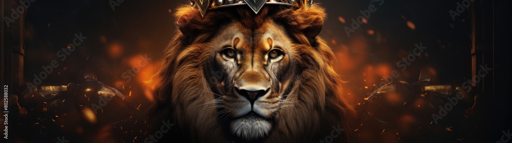 Majestic lion with crown in fiery background Majestic lion with crown in fiery background