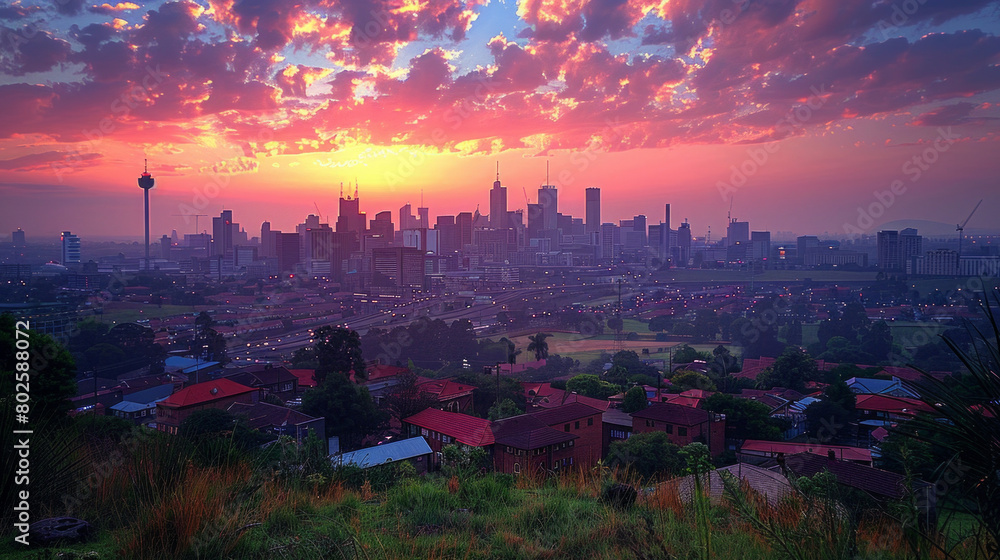Obraz premium Stunning Sunrise Over Johannesburg: Vibrant Sky and Cityscape From Hilltop View