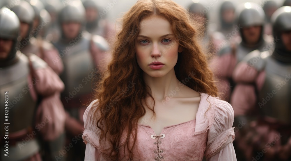 Pensive young woman with long red hair in a crowd Pensive young woman with long red hair in a crowd