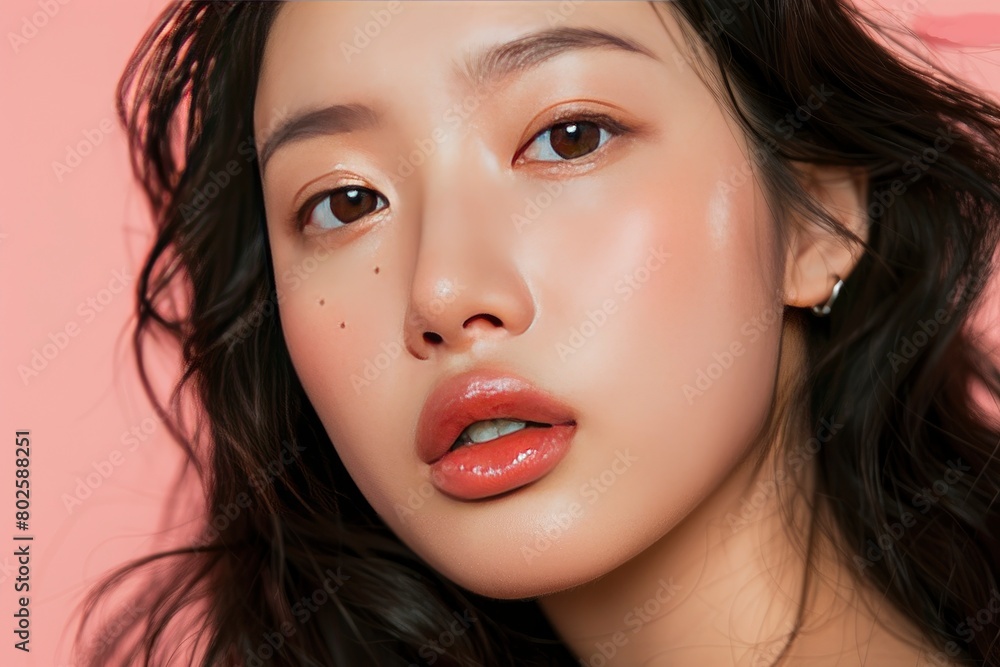 Young Asian woman long hair with natural makeup on face have plump lips and clean fresh skin on isolated one color background. Portrait of cute female model in studio - generative ai Young Asian woman long hair with natural makeup on face have plump lips and clean fresh skin on isolated one color background. Portrait of cute female model in studio - generative ai