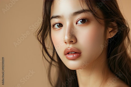 Young Asian woman long hair with natural makeup on face have plump lips and clean fresh skin on isolated one color background. Portrait of cute female model in studio - generative ai