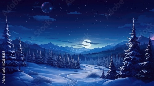 Serene winter landscape with snowy forest and mountain scenery under a starry night sky
