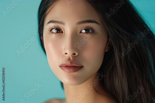 Young Asian woman long hair with natural makeup on face have plump lips and clean fresh skin on isolated one color background. Portrait of cute female model in studio - generative ai