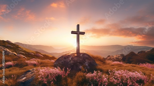 Peaceful mountain landscape with cross at sunset