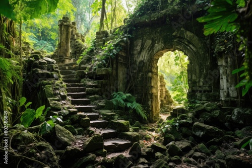 Lush tropical forest with ancient stone archway