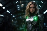 futuristic woman in green and silver armor