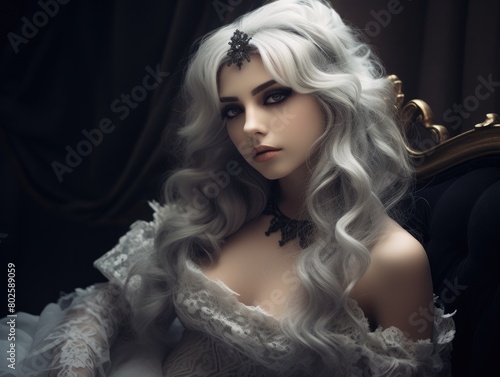 Elegant woman with long, wavy white hair