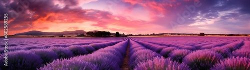 Vibrant lavender field at sunset