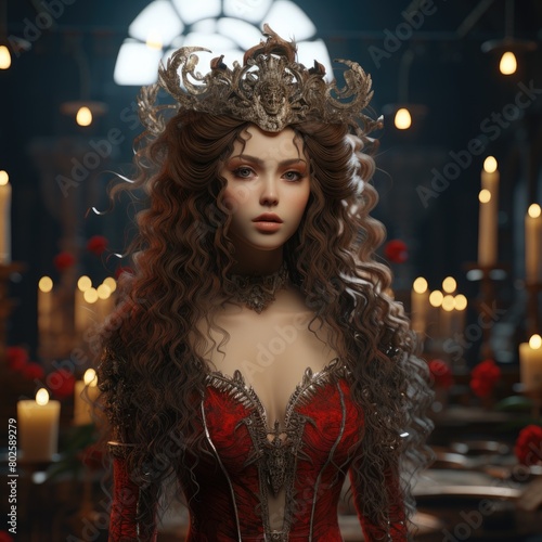Mysterious woman in ornate crown and red dress