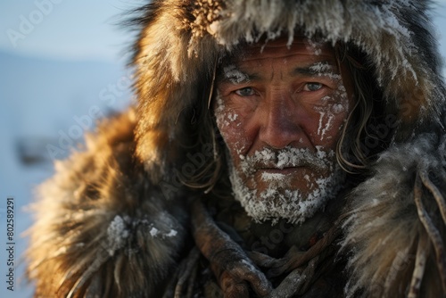 Rugged man in winter clothing with snow-covered face