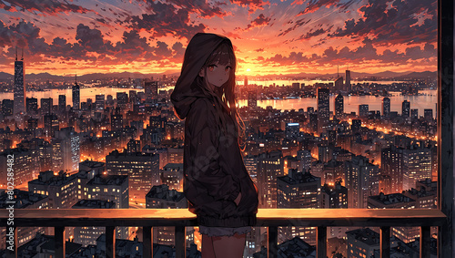 Anime girl standing on the balcony, city landscape, anime wallpaper © mahmod