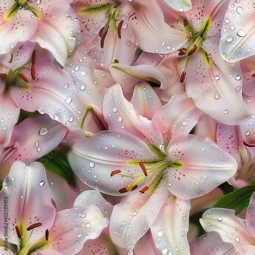 Seamless pattern of white and pink tender lilies in a bouquet, closeup shot