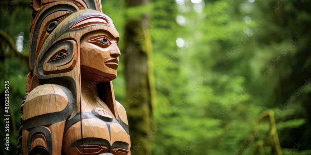 Detailed wooden totem pole in forest Detailed wooden totem pole in forest