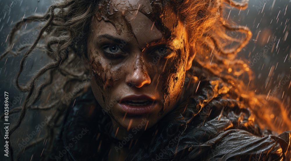 Intense expression of a fierce warrior in the rain and fire Intense expression of a fierce warrior in the rain and fire