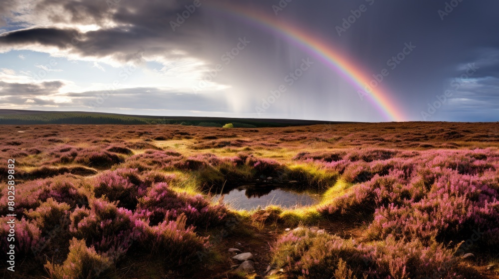 Obraz premium Vibrant rainbow over serene heathland landscape