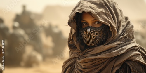 mysterious desert warrior in hooded cloak photo