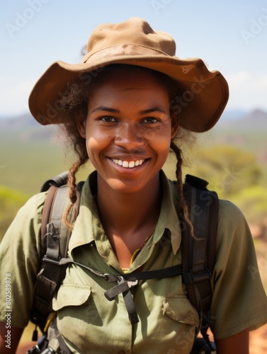 Smiling hiker in safari outfit enjoying the outdoors