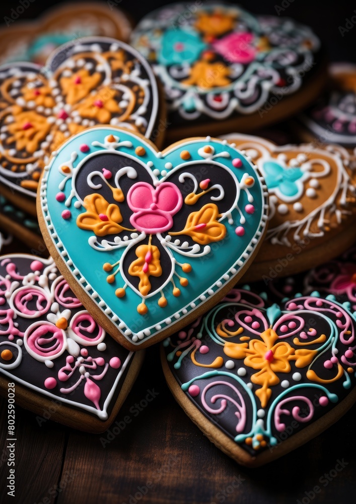 Colorful heart-shaped cookies with intricate designs