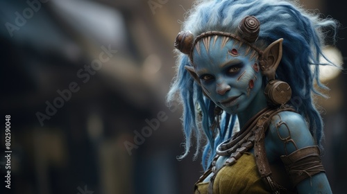 Mysterious blue-skinned fantasy creature with intricate jewelry and hairstyle