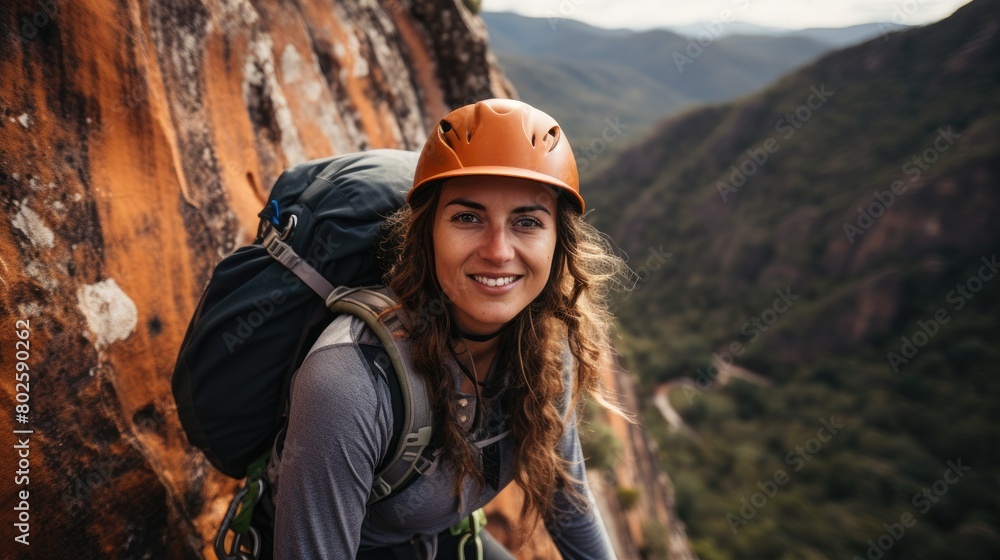 smiling woman hiking in mountains
