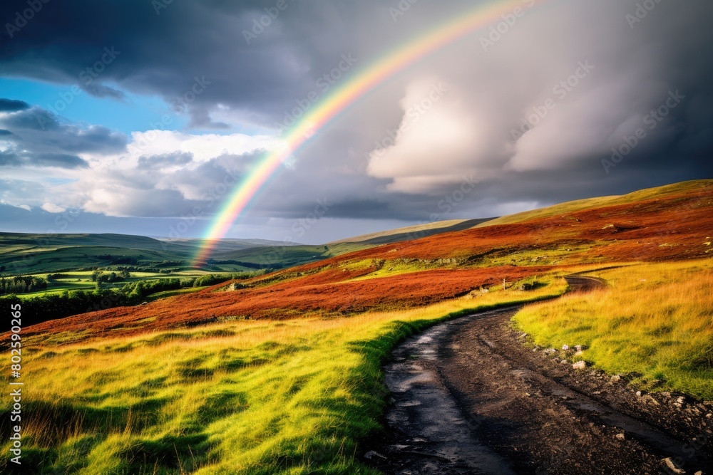 Obraz premium Vibrant rainbow over scenic countryside landscape