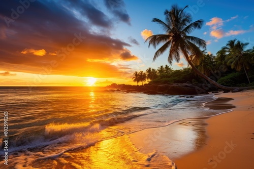 Stunning tropical sunset over palm trees and ocean