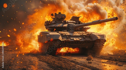 Explosive Battle Scene with Military Tank