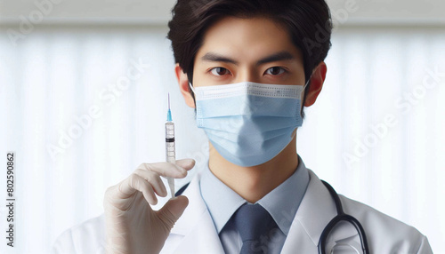 Doctor with blue latex gloves and syringe filled with liquid.